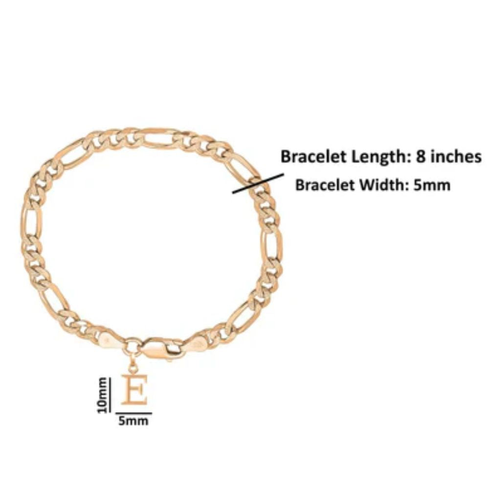 22KT gold plated 92.5% pure Sterling Silver Figaro Designer Bracelet with E Alphabet for Men