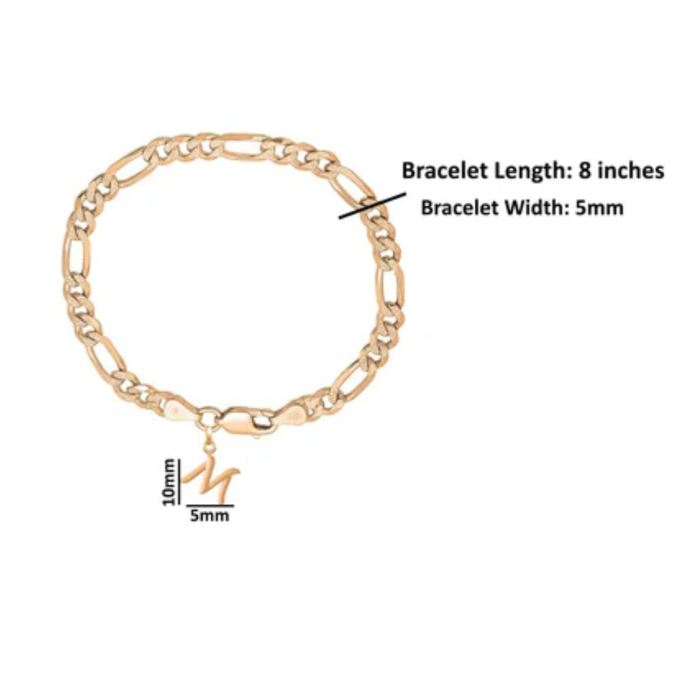 22KT gold plated 92.5% pure Sterling Silver Figaro Designer Bracelet with M Alphabet for Men