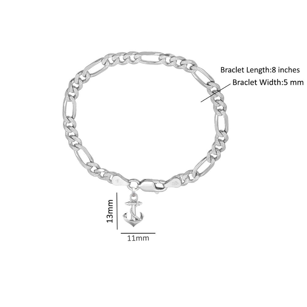 92.5% pure Sterling Silver Figaro Designer Bracelet with Ship Anchor for Men
