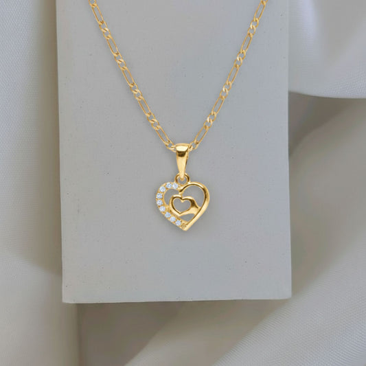 22CT Gold Plated Silver 92.5 Purity Heart Pendant with Figaro Chain 18 Inches for Women by Akshat Sapphire PSF0510_Gold