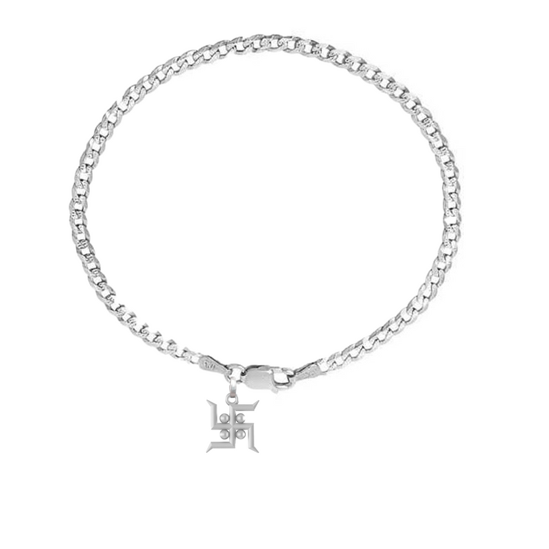 Akshat Sapphire 92.5% pure Sterling Silver Curb Designer Bracelet with Charm Swastik for Men & Boys