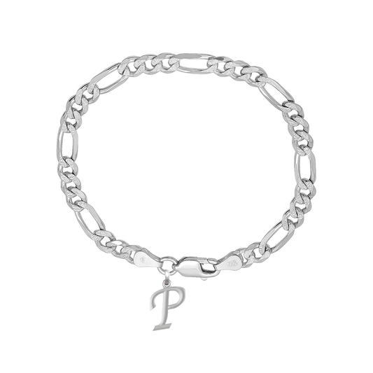 Akshat Sapphire 92.5% pure Sterling Silver Figaro Designer Bracelet with P Alphabet for Men