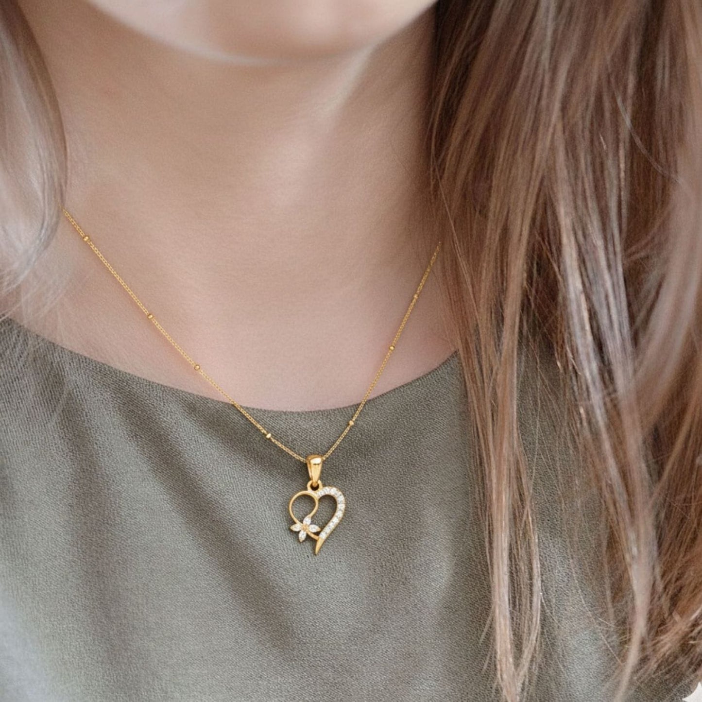 22CT Gold Plated Silver 92.5 Purity Heart Pendant with Ball Chain 18 Inches for Women by Akshat Sapphire PSBL0507_Gold