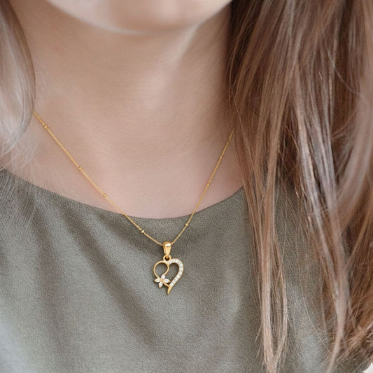 22CT Gold Plated Silver 92.5 Purity Heart Pendant with Ball Chain 18 Inches for Women by Akshat Sapphire PSBL0507_Gold