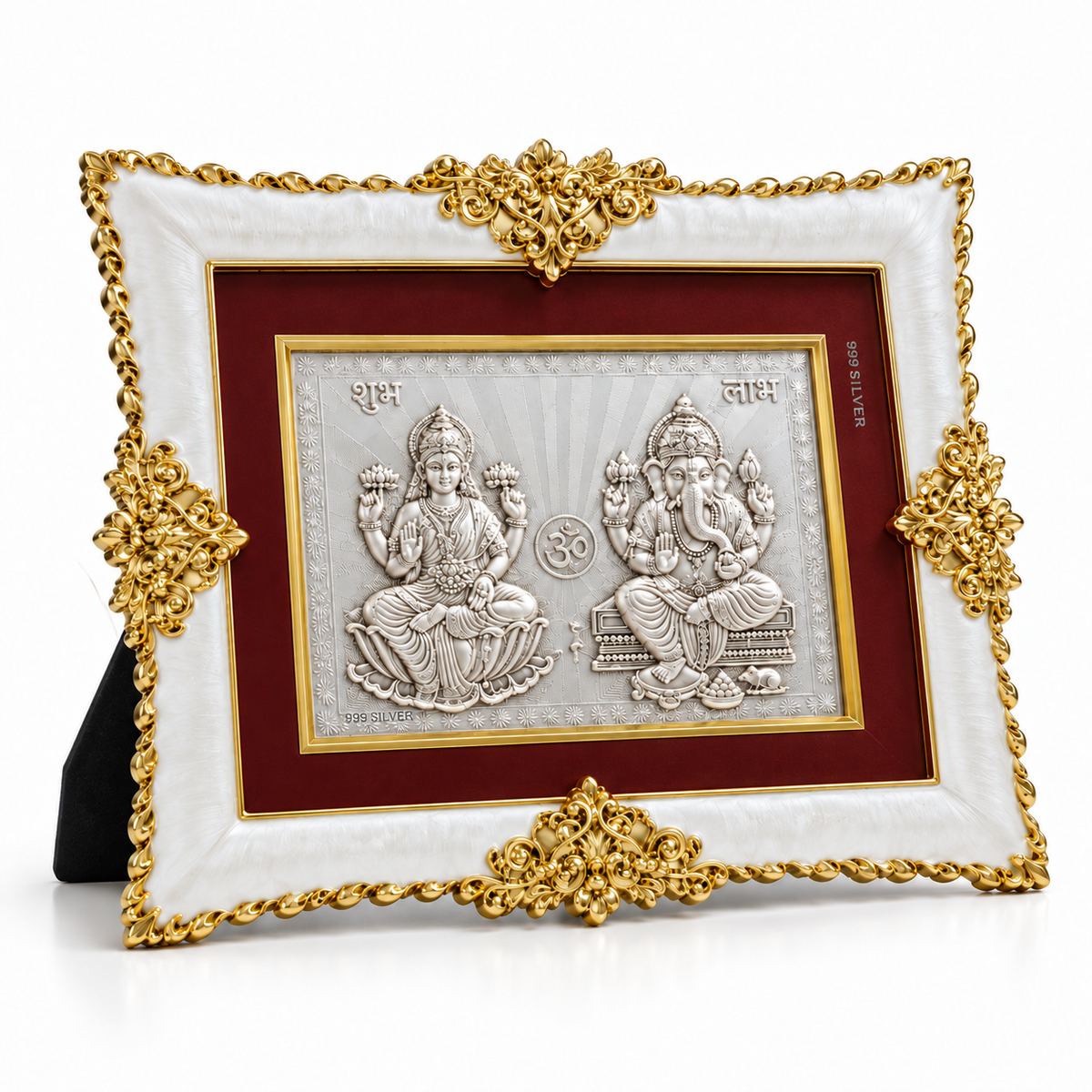 Akshat Sapphire Lakshmi Ganesh 999 Silver Deity Panel Frame with Stand, Shubh Labh & Om Design, Home Mandir Decor, Diwali & Housewarming Gift-(FRM_Laxmi Ganesh)