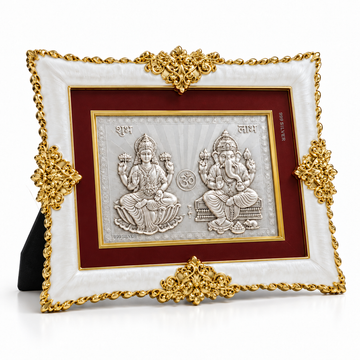 Akshat Sapphire Lakshmi Ganesh 999 Silver Deity Panel Frame with Stand, Shubh Labh & Om Design, Home Mandir Decor, Diwali & Housewarming Gift-(FRM_Laxmi Ganesh)