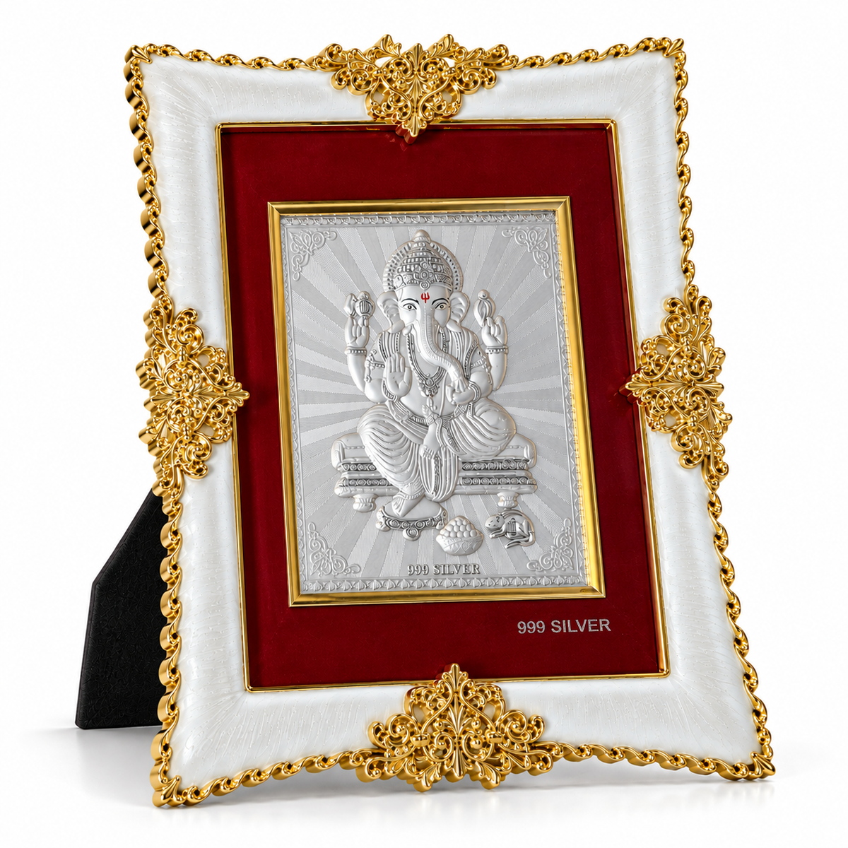 Akshat Sapphire Ganesh Ji 999 Silver Deity Panel Frame, White & Gold-Tone Border, Home Mandir & Pooja Room Decor, Ganesh Chaturthi & Housewarming Gift-(FRM_GANESH)