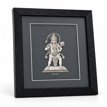 Akshat Sapphire 999 Silver Hanuman Ji Wall Hanging Frame with Black Border | Bajrang Bali Religious Wall Decor for Home Mandir, Office & Gifting
