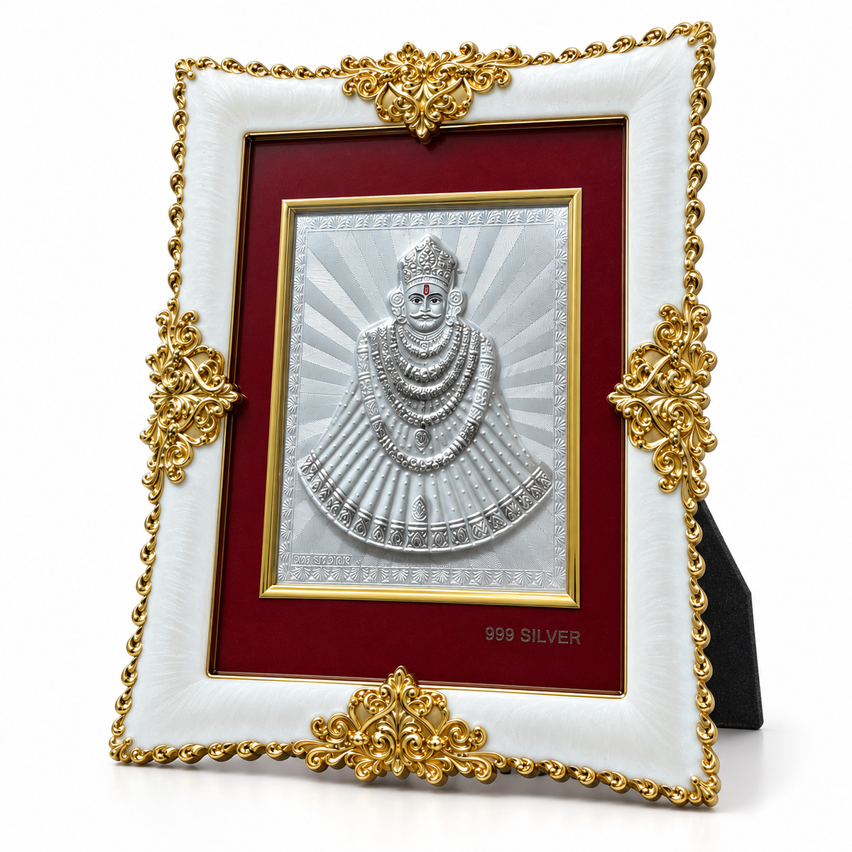 Akshat Sapphire Khatu Shyam Ji 999 Silver Deity Panel Frame, White & Gold-Tone Border, Home Mandir & Pooja Room Decor, Religious Housewarming & Diwali Gift