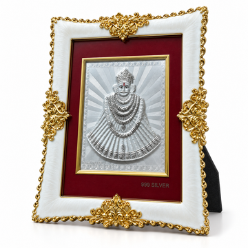 Akshat Sapphire Khatu Shyam Ji 999 Silver Deity Panel Frame, White & Gold-Tone Border, Home Mandir & Pooja Room Decor, Religious Housewarming & Diwali Gift