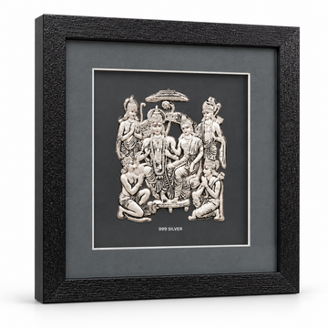 Akshat Sapphire 999 Silver Ram Darbar Wall Hanging Frame with Black Border | Shri Ram Sita Lakshman Hanuman Religious Wall Decor for Home Mandir & Gifting-(FRB_Ram Darbar)