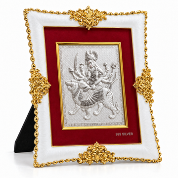 Akshat Sapphire Durga Maa 999 Silver Deity Panel Frame, White & Gold-Tone Border, Religious Decor for Home Mandir & Pooja Room, Navratri & Housewarming Gift