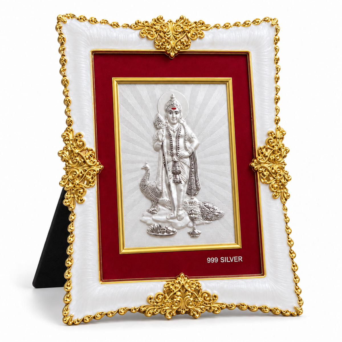 Akshat Sapphire Kartikeya Ji Murugan 999 Silver Deity Panel Frame, White & Gold-Tone Border, Home Mandir & Pooja Room Decor, Religious & Housewarming Gift