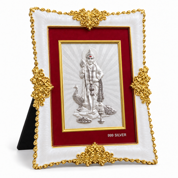 Akshat Sapphire Kartikeya Ji Murugan 999 Silver Deity Panel Frame, White & Gold-Tone Border, Home Mandir & Pooja Room Decor, Religious & Housewarming Gift