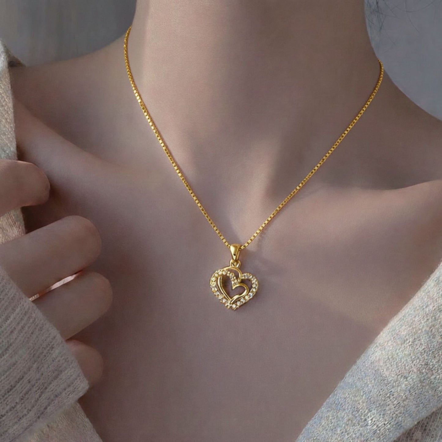 22CT Gold Plated Silver 92.5 Purity Heart Pendant with Box Chain 18 Inches for Women by Akshat Sapphire PSB0506_Gold