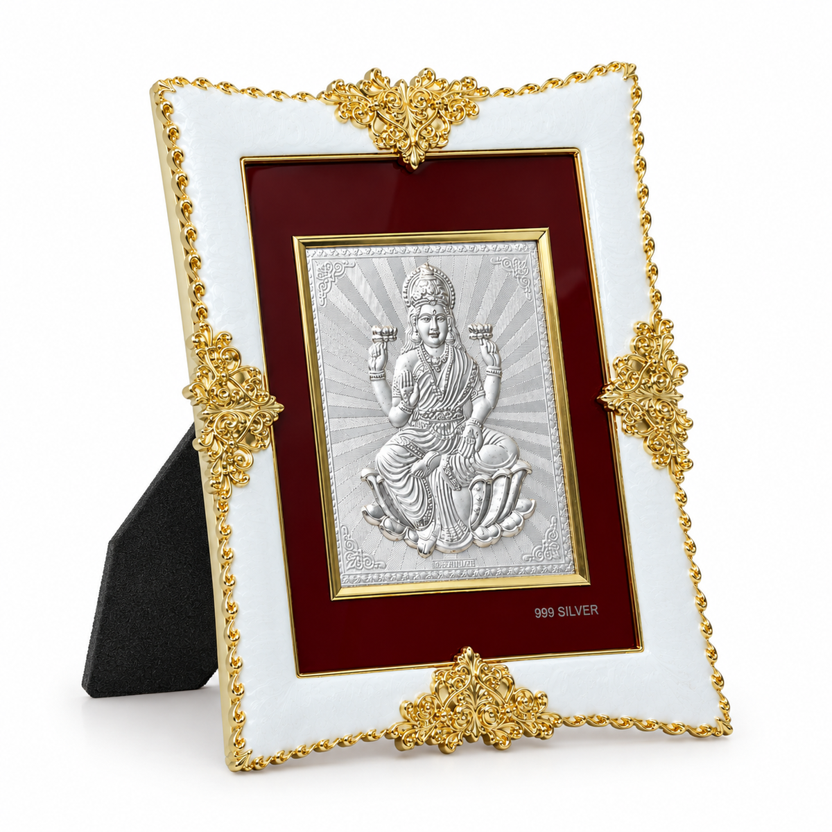 Akshat Sapphire Lakshmi Ji 999 Silver Deity Frame with Easel Stand|Home Mandir Decor, Diwali & Housewarming Gift