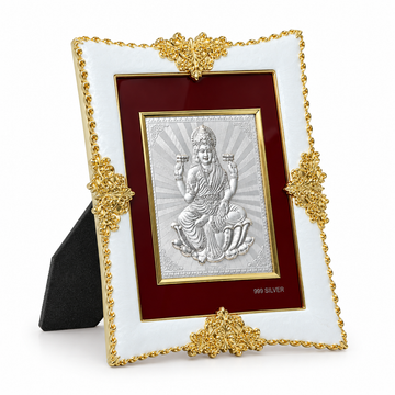 Akshat Sapphire Lakshmi Ji 999 Silver Deity Frame with Easel Stand|Home Mandir Decor, Diwali & Housewarming Gift