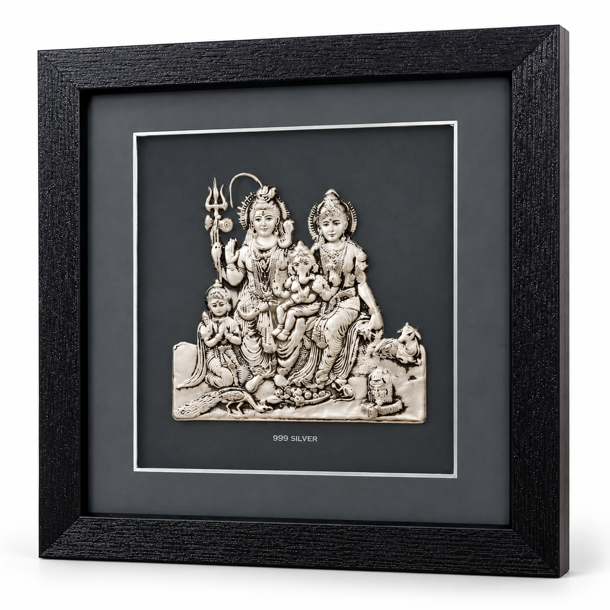 Akshat Sapphire 999 Silver Shiv Parivar Wall Hanging Frame with Black Border | Shiva Parvati Ganesh Kartikeya Religious Wall Decor for Home Mandir & Gifting-(FRB_Shiv Parivar)