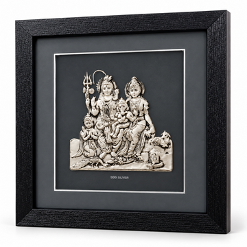 Akshat Sapphire 999 Silver Shiv Parivar Wall Hanging Frame with Black Border | Shiva Parvati Ganesh Kartikeya Religious Wall Decor for Home Mandir & Gifting-(FRB_Shiv Parivar)