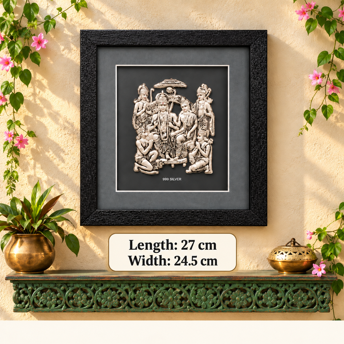 Akshat Sapphire 999 Silver Ram Darbar Wall Hanging Frame with Black Border | Shri Ram Sita Lakshman Hanuman Religious Wall Decor for Home Mandir & Gifting-(FRB_Ram Darbar)