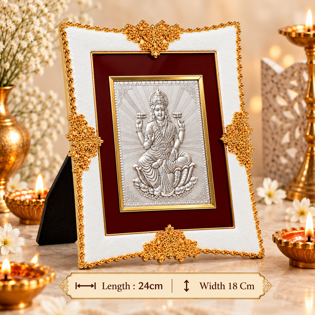 Akshat Sapphire Lakshmi Ji 999 Silver Deity Frame with Easel Stand|Home Mandir Decor, Diwali & Housewarming Gift