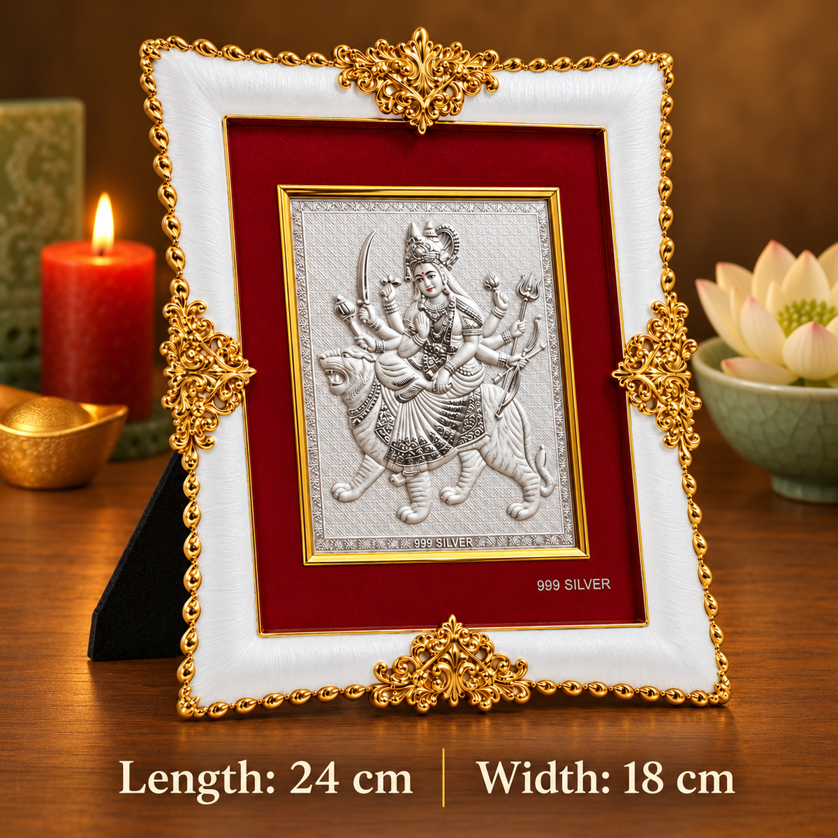 Akshat Sapphire Durga Maa 999 Silver Deity Panel Frame, White & Gold-Tone Border, Religious Decor for Home Mandir & Pooja Room, Navratri & Housewarming Gift