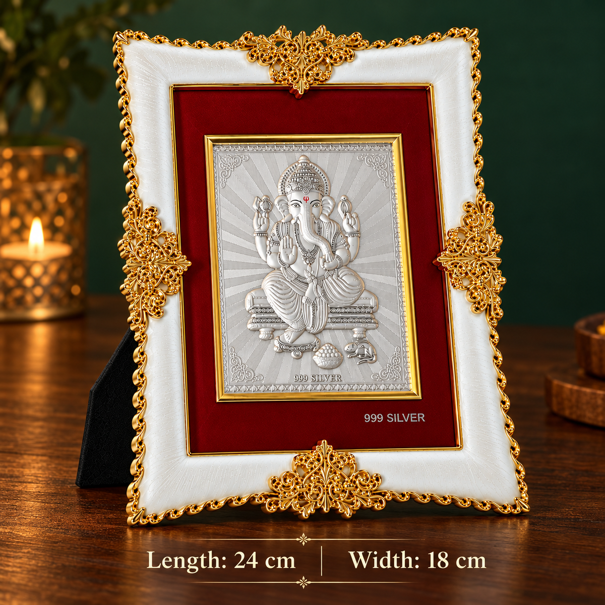 Akshat Sapphire Ganesh Ji 999 Silver Deity Panel Frame, White & Gold-Tone Border, Home Mandir & Pooja Room Decor, Ganesh Chaturthi & Housewarming Gift-(FRM_GANESH)