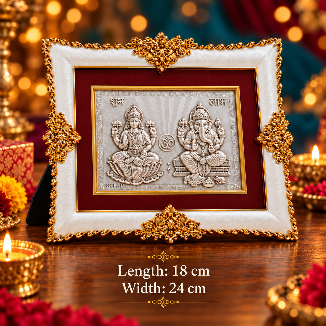 Akshat Sapphire Lakshmi Ganesh 999 Silver Deity Panel Frame with Stand, Shubh Labh & Om Design, Home Mandir Decor, Diwali & Housewarming Gift-(FRM_Laxmi Ganesh)