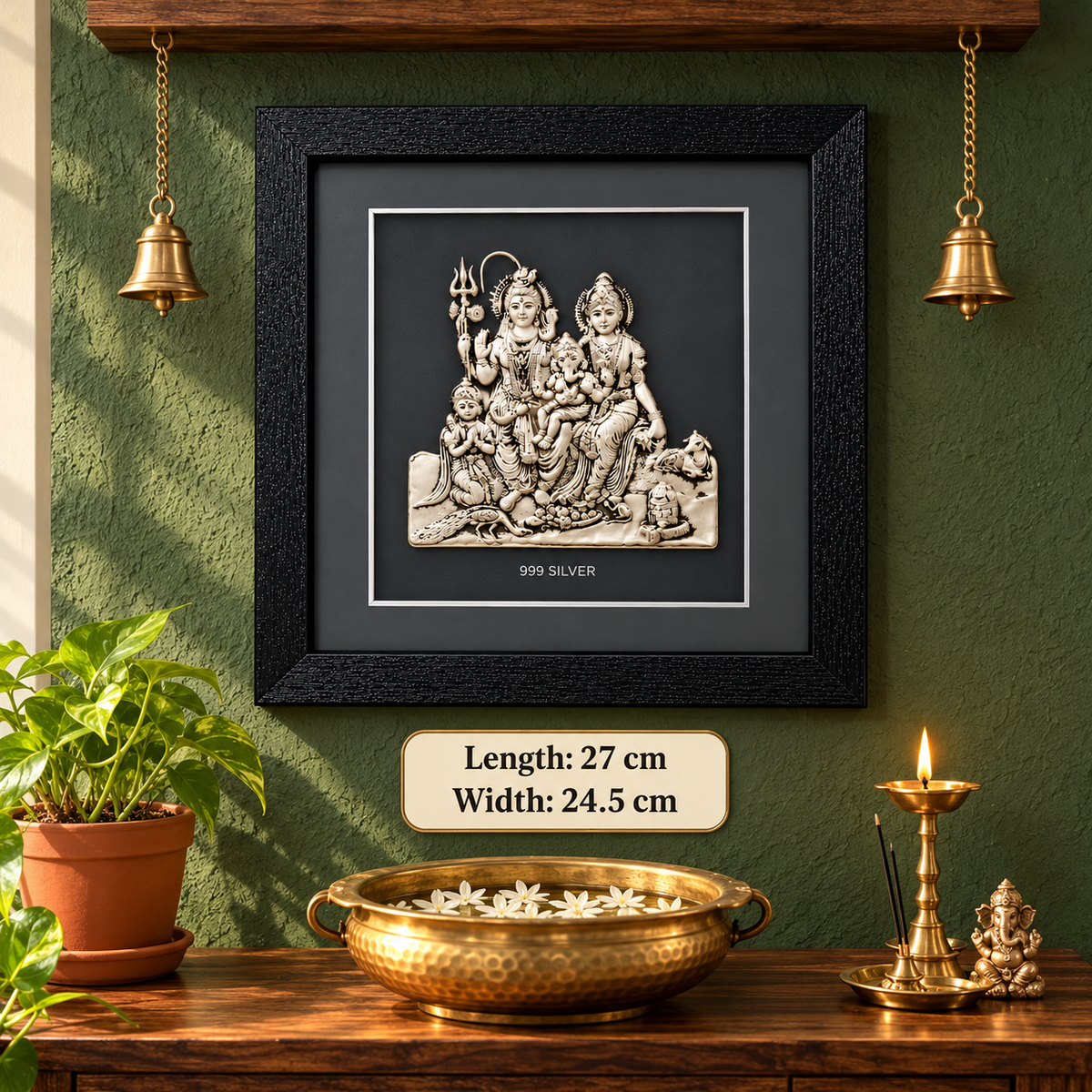 Akshat Sapphire 999 Silver Shiv Parivar Wall Hanging Frame with Black Border | Shiva Parvati Ganesh Kartikeya Religious Wall Decor for Home Mandir & Gifting-(FRB_Shiv Parivar)