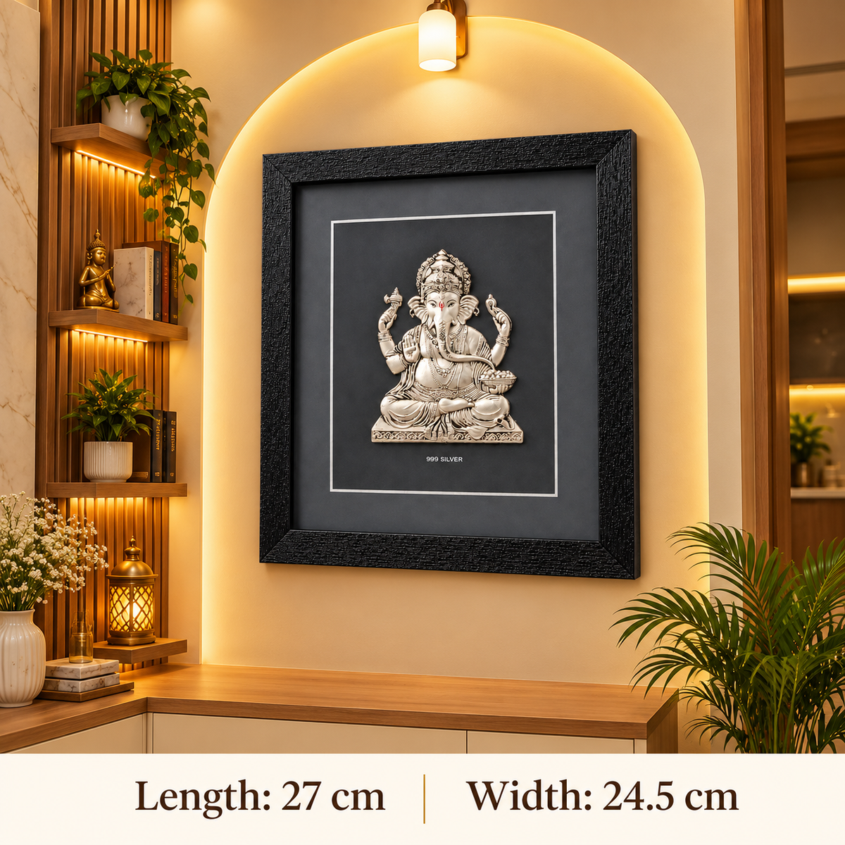 Akshat Sapphire 999 Silver Ganesh Ji Wall Hanging Frame with Black Border | Lord Ganesha Wall Decor for Home Mandir, Office & Housewarming Gift-(FRB_GANESH)