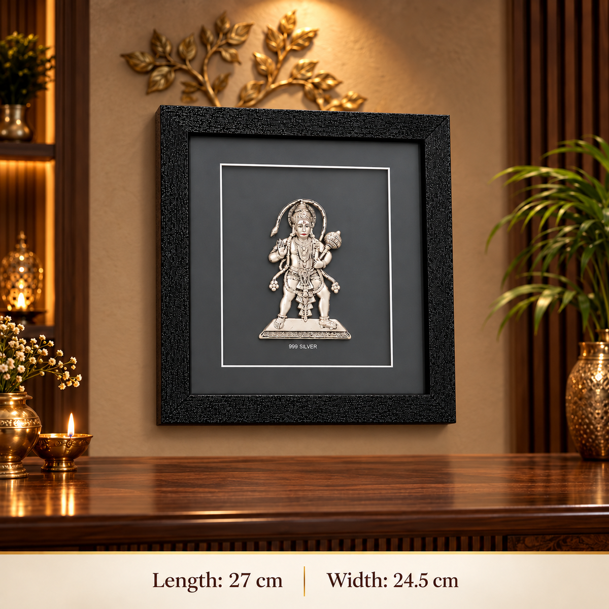 Akshat Sapphire 999 Silver Hanuman Ji Wall Hanging Frame with Black Border | Bajrang Bali Religious Wall Decor for Home Mandir, Office & Gifting