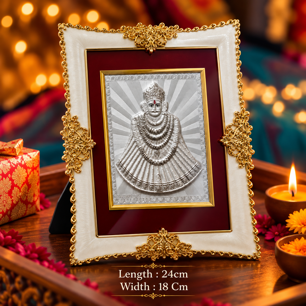 Akshat Sapphire Khatu Shyam Ji 999 Silver Deity Panel Frame, White & Gold-Tone Border, Home Mandir & Pooja Room Decor, Religious Housewarming & Diwali Gift