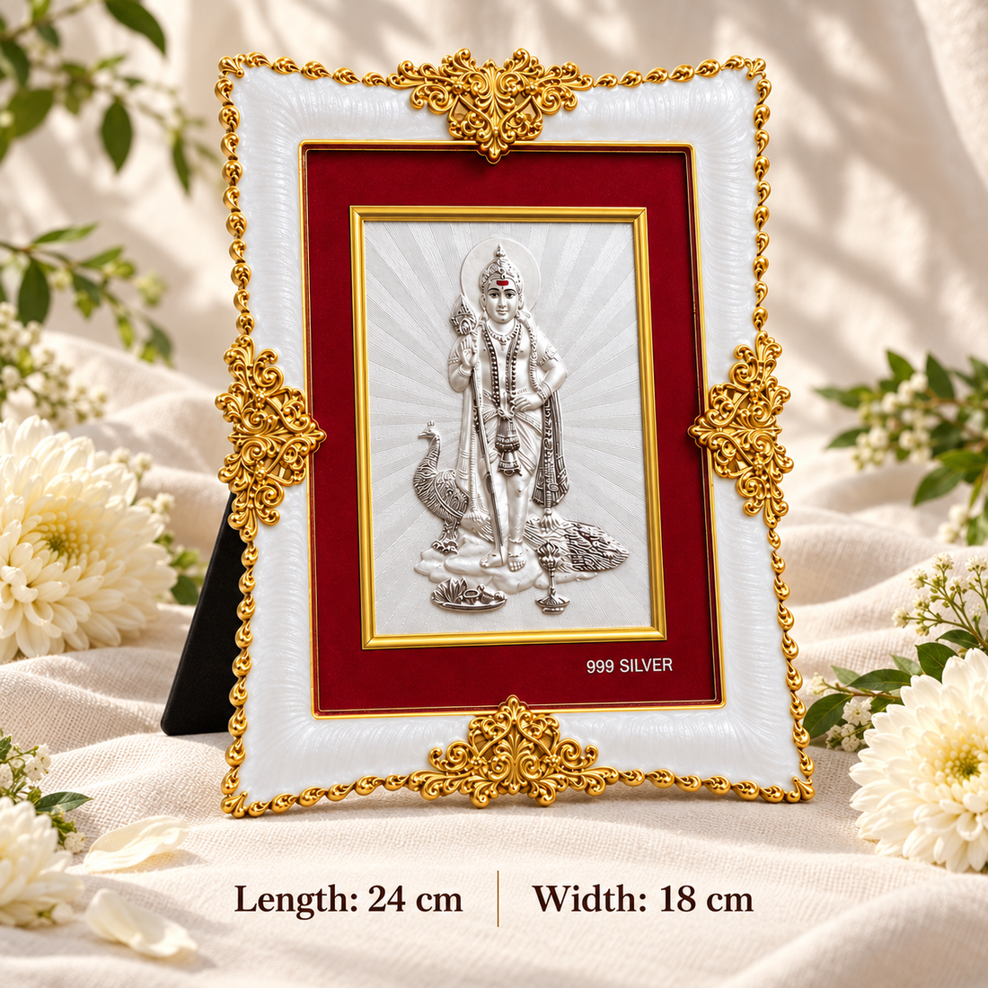Akshat Sapphire Kartikeya Ji Murugan 999 Silver Deity Panel Frame, White & Gold-Tone Border, Home Mandir & Pooja Room Decor, Religious & Housewarming Gift