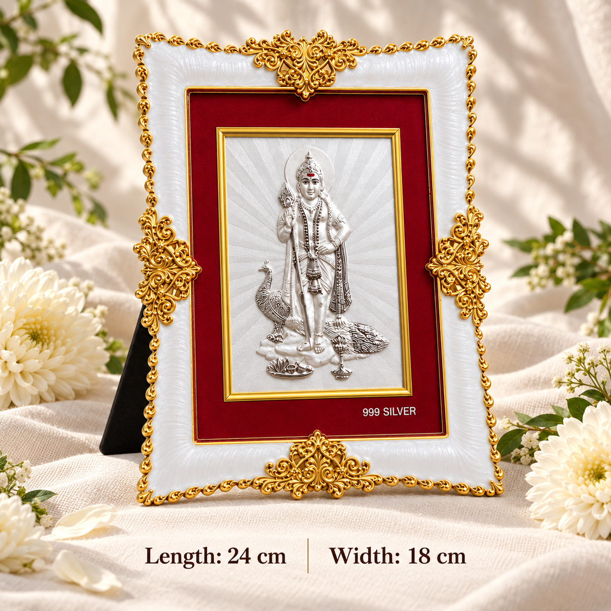 Akshat Sapphire Kartikeya Ji Murugan 999 Silver Deity Panel Frame, White & Gold-Tone Border, Home Mandir & Pooja Room Decor, Religious & Housewarming Gift