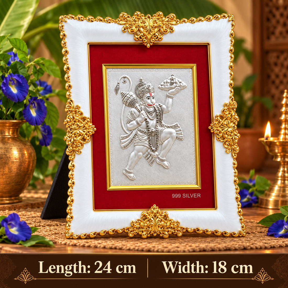 Akshat Sapphire Hanuman Ji 999 Silver Deity Frame|Religious Decor for Home Mandir & Pooja Room, Housewarming Gif-(FRM_HANUMAN)