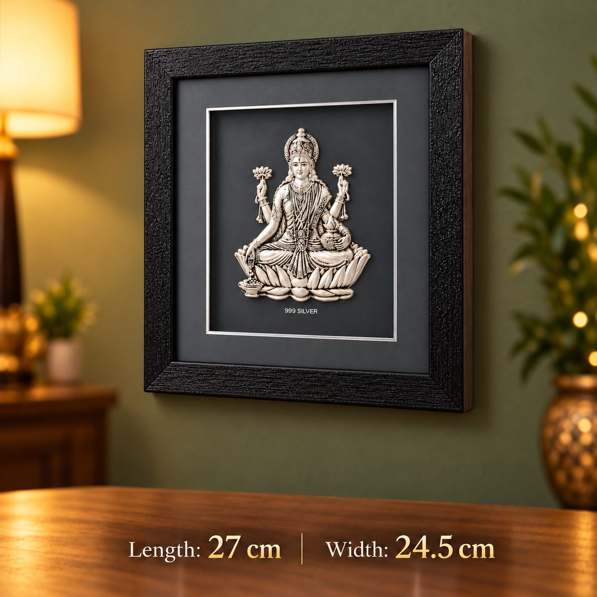 Akshat Sapphire 999 Silver Lakshmi Ji Wall Hanging Frame with Black Border | Maa Laxmi Religious Wall Decor for Home Mandir, Office & Diwali Gift-(FRB_LAXMI)