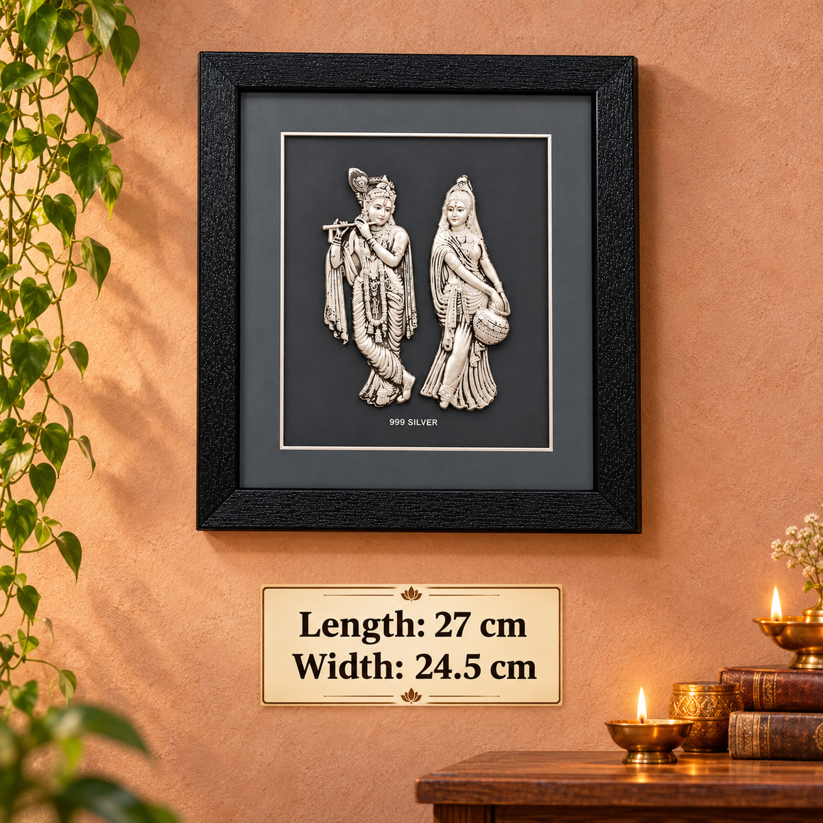 Akshat Sapphire 999 Silver Radha Krishna Wall Hanging Frame with Black Border | Religious Wall Decor for Home Mandir, Living Room & Wedding Gift