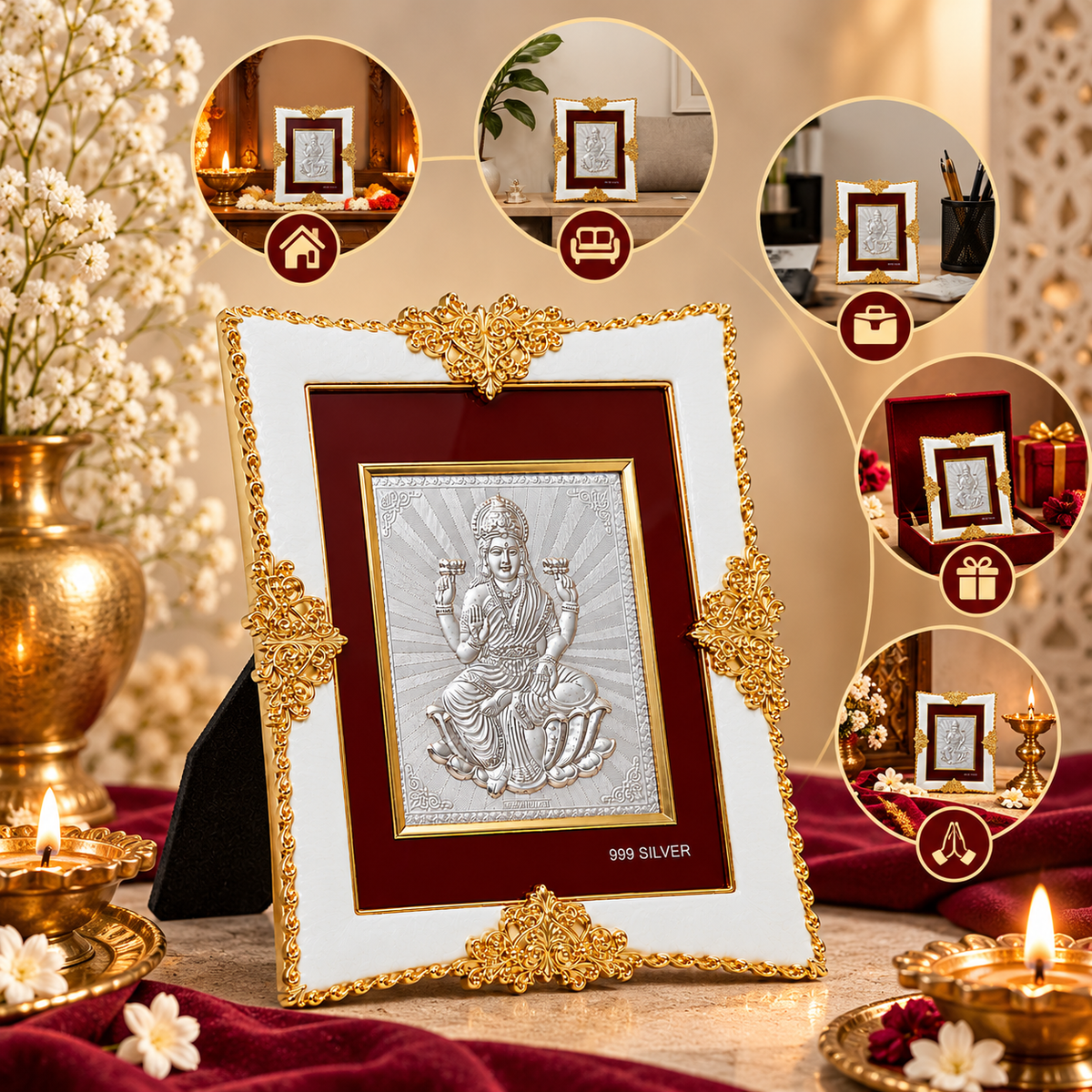 Akshat Sapphire Lakshmi Ji 999 Silver Deity Frame with Easel Stand|Home Mandir Decor, Diwali & Housewarming Gift
