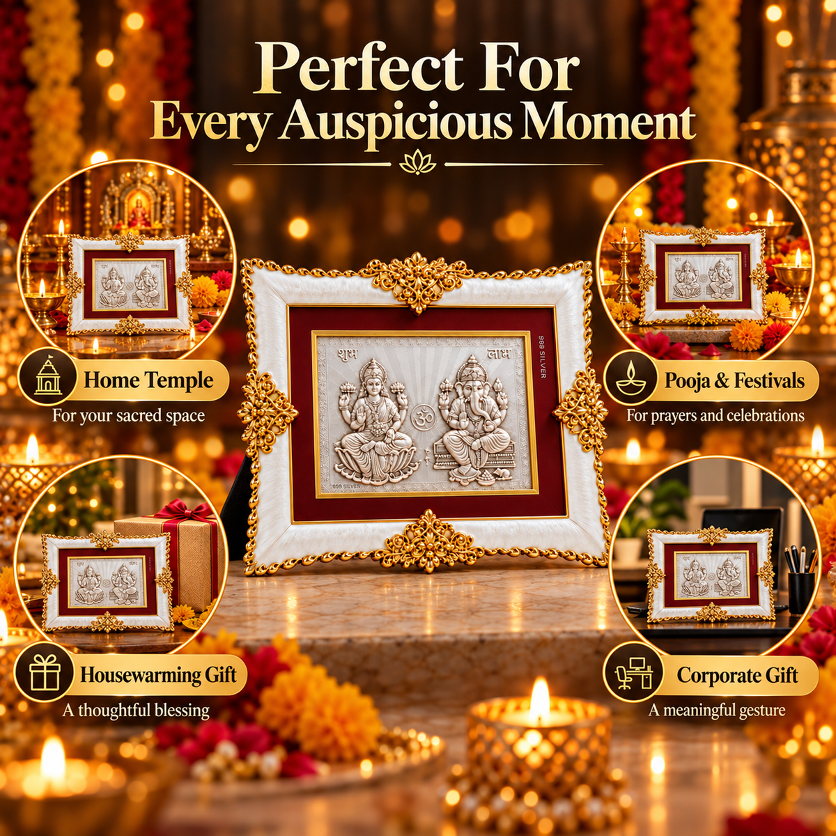 Akshat Sapphire Lakshmi Ganesh 999 Silver Deity Panel Frame with Stand, Shubh Labh & Om Design, Home Mandir Decor, Diwali & Housewarming Gift-(FRM_Laxmi Ganesh)
