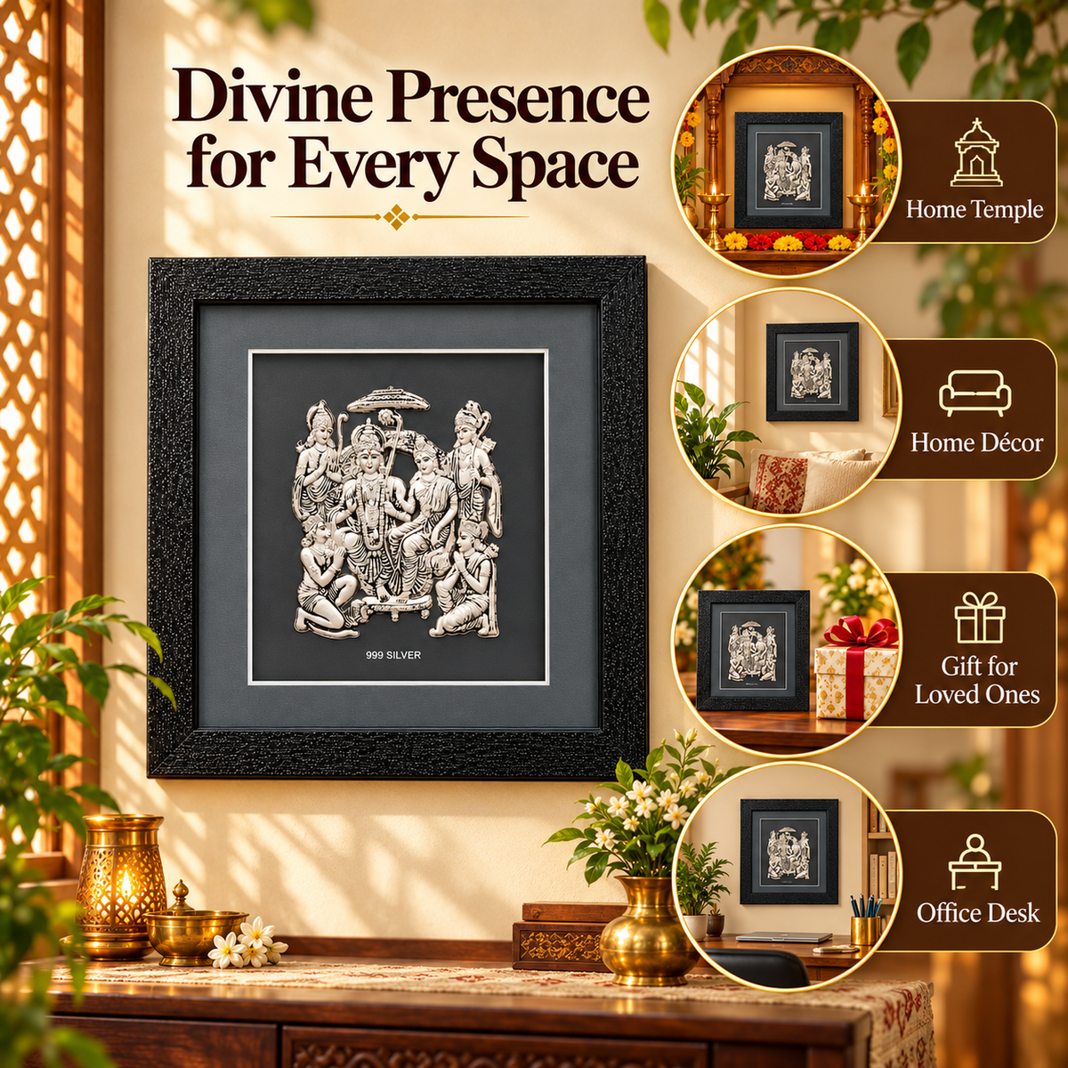 Akshat Sapphire 999 Silver Ram Darbar Wall Hanging Frame with Black Border | Shri Ram Sita Lakshman Hanuman Religious Wall Decor for Home Mandir & Gifting-(FRB_Ram Darbar)
