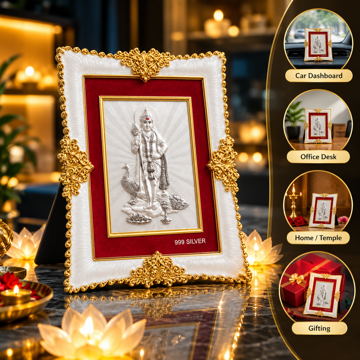 Akshat Sapphire Kartikeya Ji Murugan 999 Silver Deity Panel Frame, White & Gold-Tone Border, Home Mandir & Pooja Room Decor, Religious & Housewarming Gift