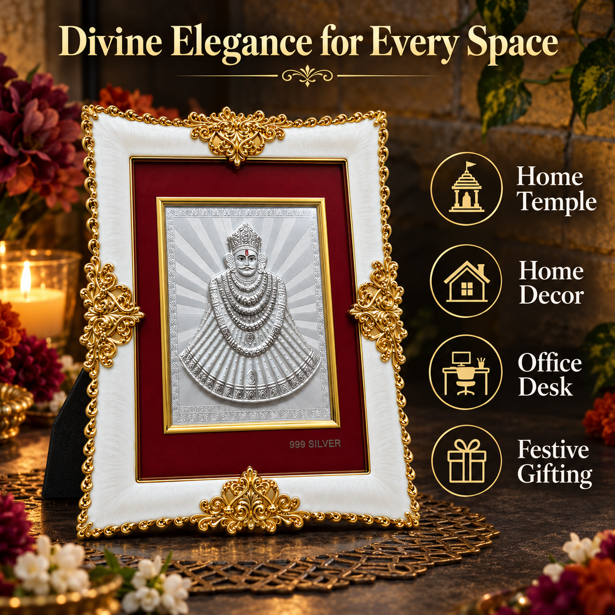 Akshat Sapphire Khatu Shyam Ji 999 Silver Deity Panel Frame, White & Gold-Tone Border, Home Mandir & Pooja Room Decor, Religious Housewarming & Diwali Gift