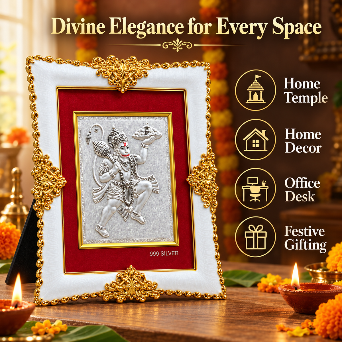 Akshat Sapphire Hanuman Ji 999 Silver Deity Frame|Religious Decor for Home Mandir & Pooja Room, Housewarming Gif-(FRM_HANUMAN)
