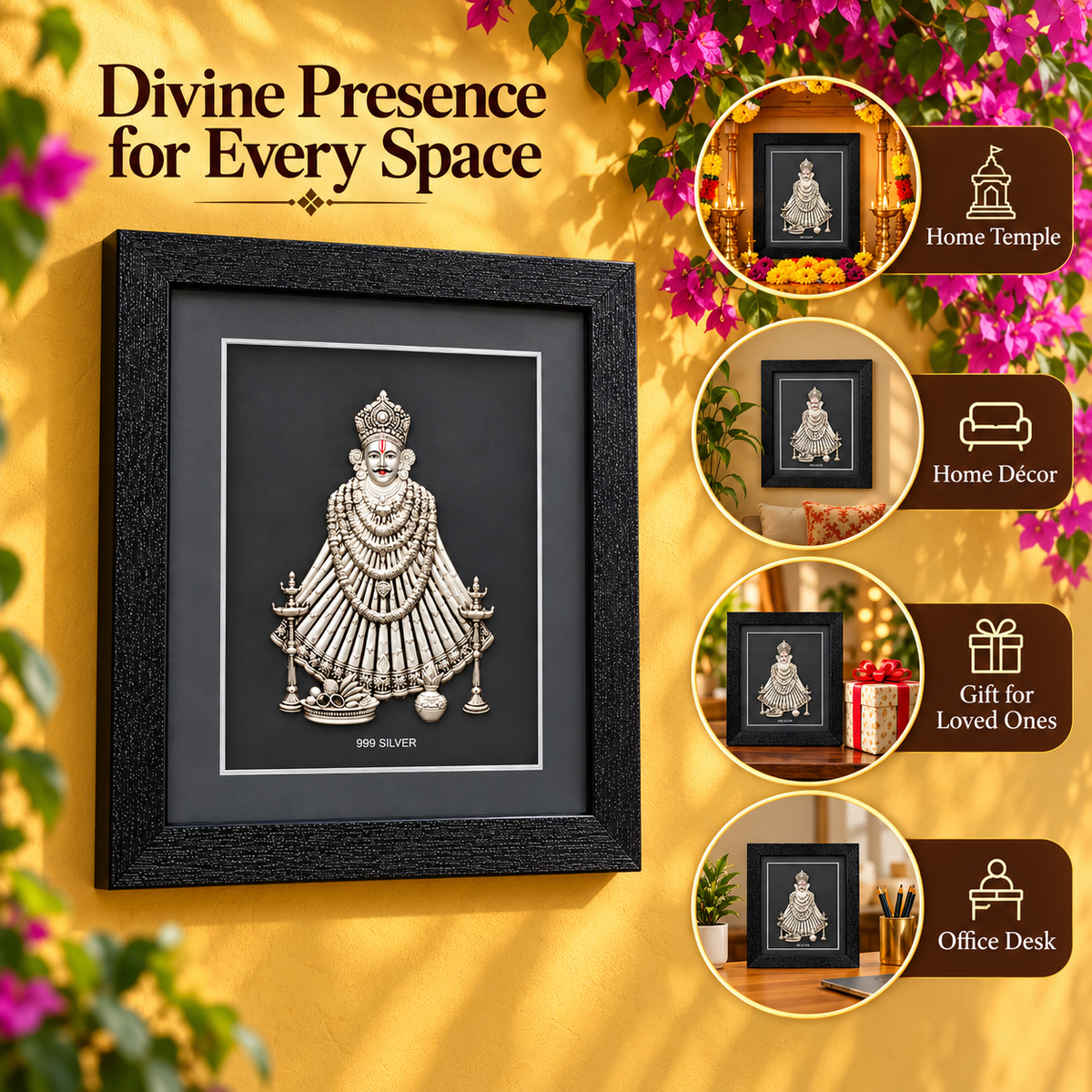 Akshat Sapphire 999 Silver Khatu Shyam Ji Wall Hanging Frame with Black Border | Shyam Baba Religious Wall Decor for Home Mandir, Office & Gifting-(FRB_Khatu Shyam)