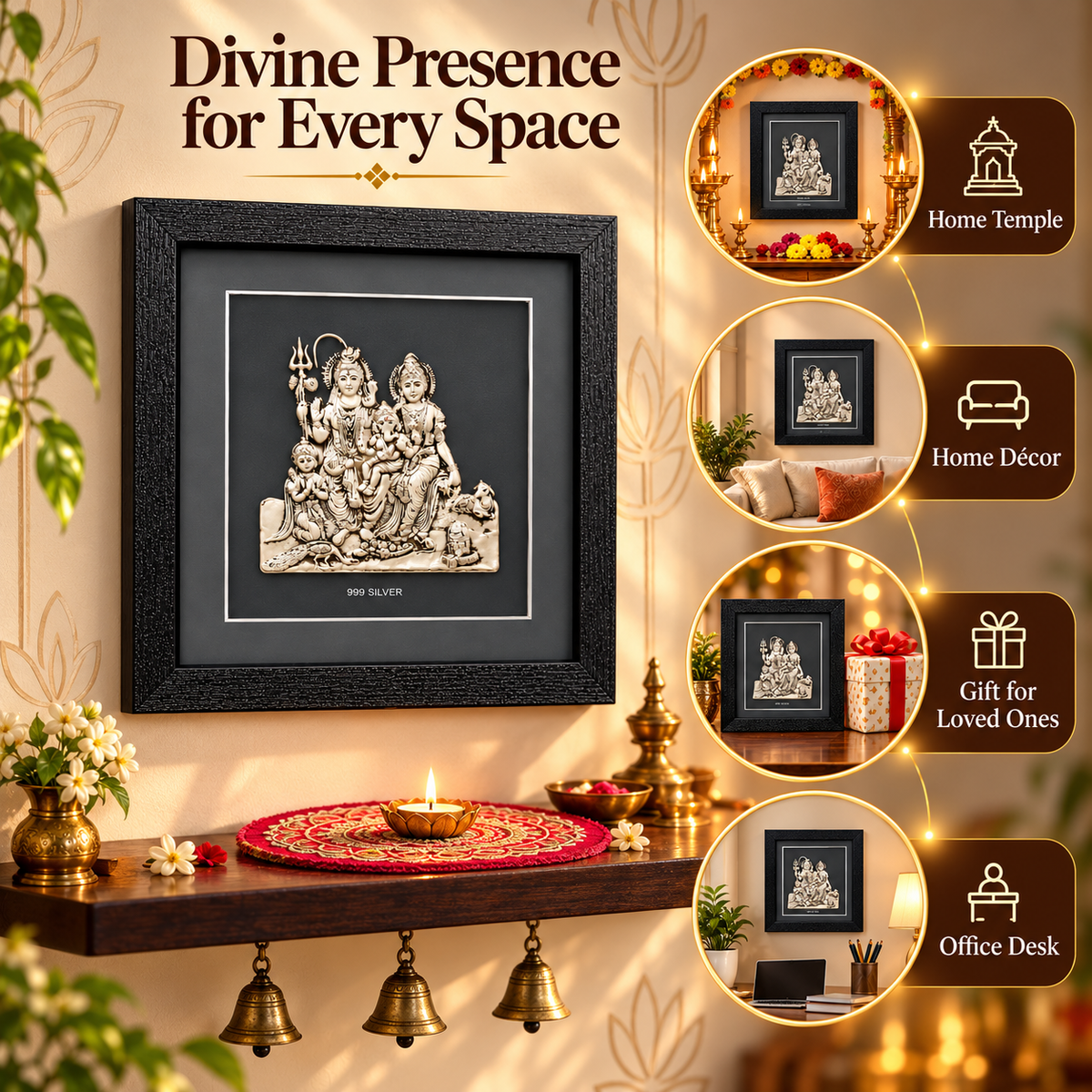 Akshat Sapphire 999 Silver Shiv Parivar Wall Hanging Frame with Black Border | Shiva Parvati Ganesh Kartikeya Religious Wall Decor for Home Mandir & Gifting-(FRB_Shiv Parivar)