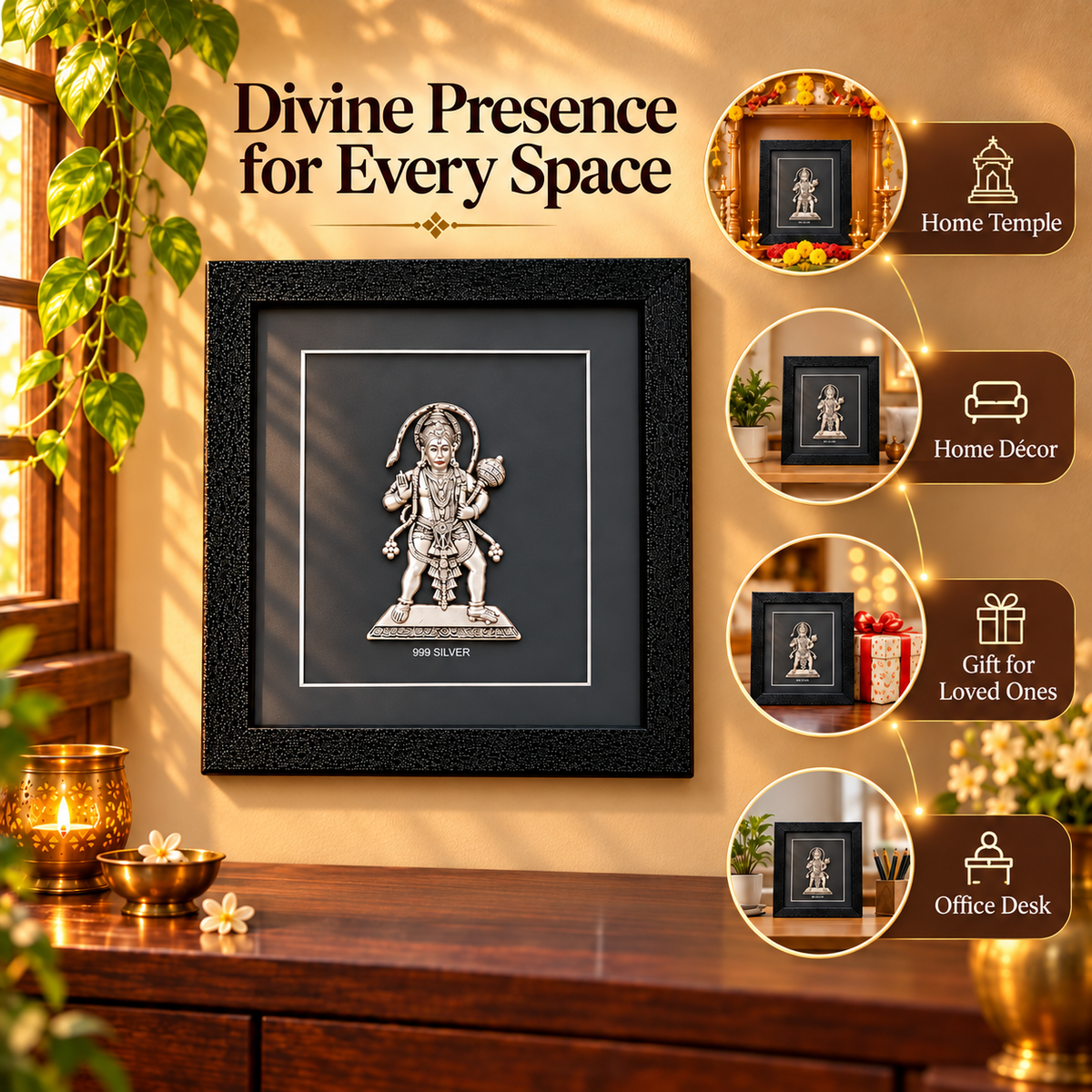 Akshat Sapphire 999 Silver Hanuman Ji Wall Hanging Frame with Black Border | Bajrang Bali Religious Wall Decor for Home Mandir, Office & Gifting