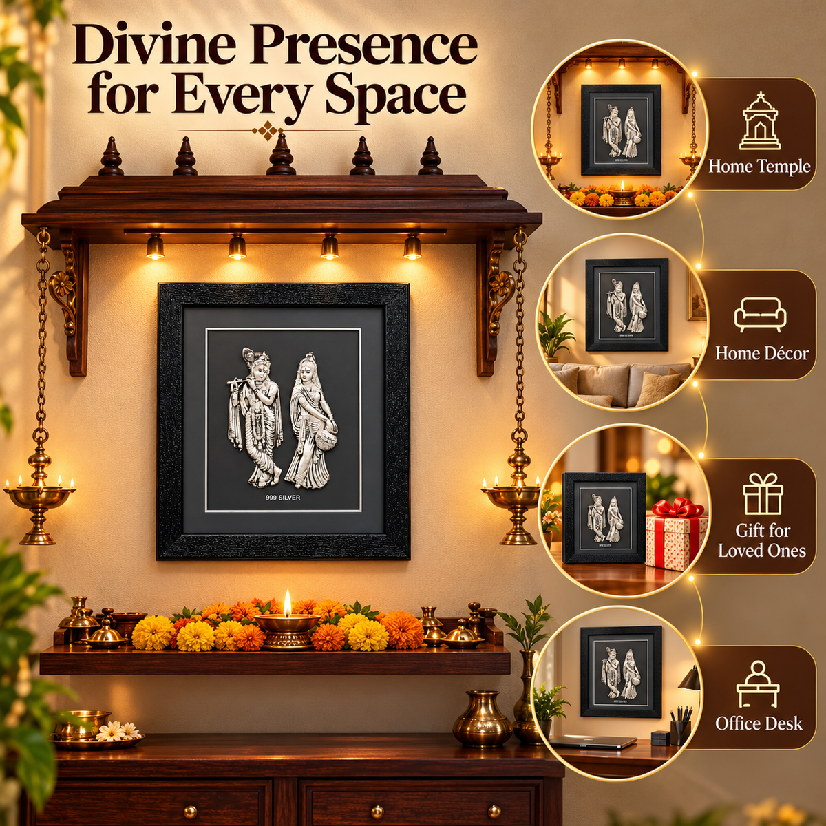 Akshat Sapphire 999 Silver Radha Krishna Wall Hanging Frame with Black Border | Religious Wall Decor for Home Mandir, Living Room & Wedding Gift