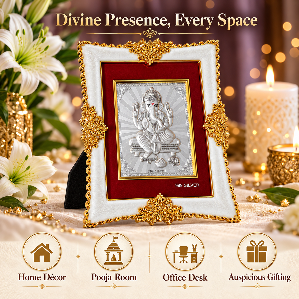 Akshat Sapphire Ganesh Ji 999 Silver Deity Panel Frame, White & Gold-Tone Border, Home Mandir & Pooja Room Decor, Ganesh Chaturthi & Housewarming Gift-(FRM_GANESH)