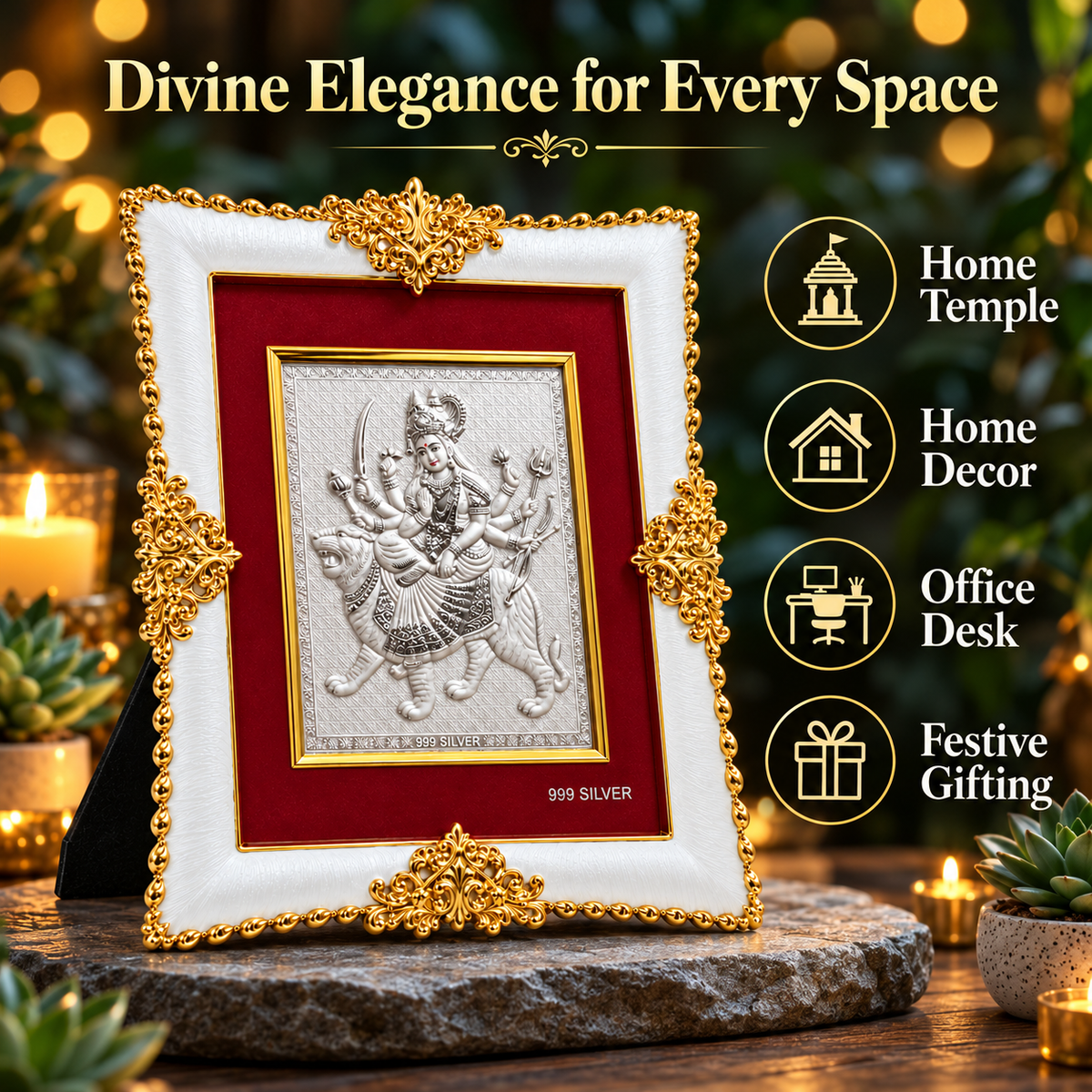 Akshat Sapphire Durga Maa 999 Silver Deity Panel Frame, White & Gold-Tone Border, Religious Decor for Home Mandir & Pooja Room, Navratri & Housewarming Gift