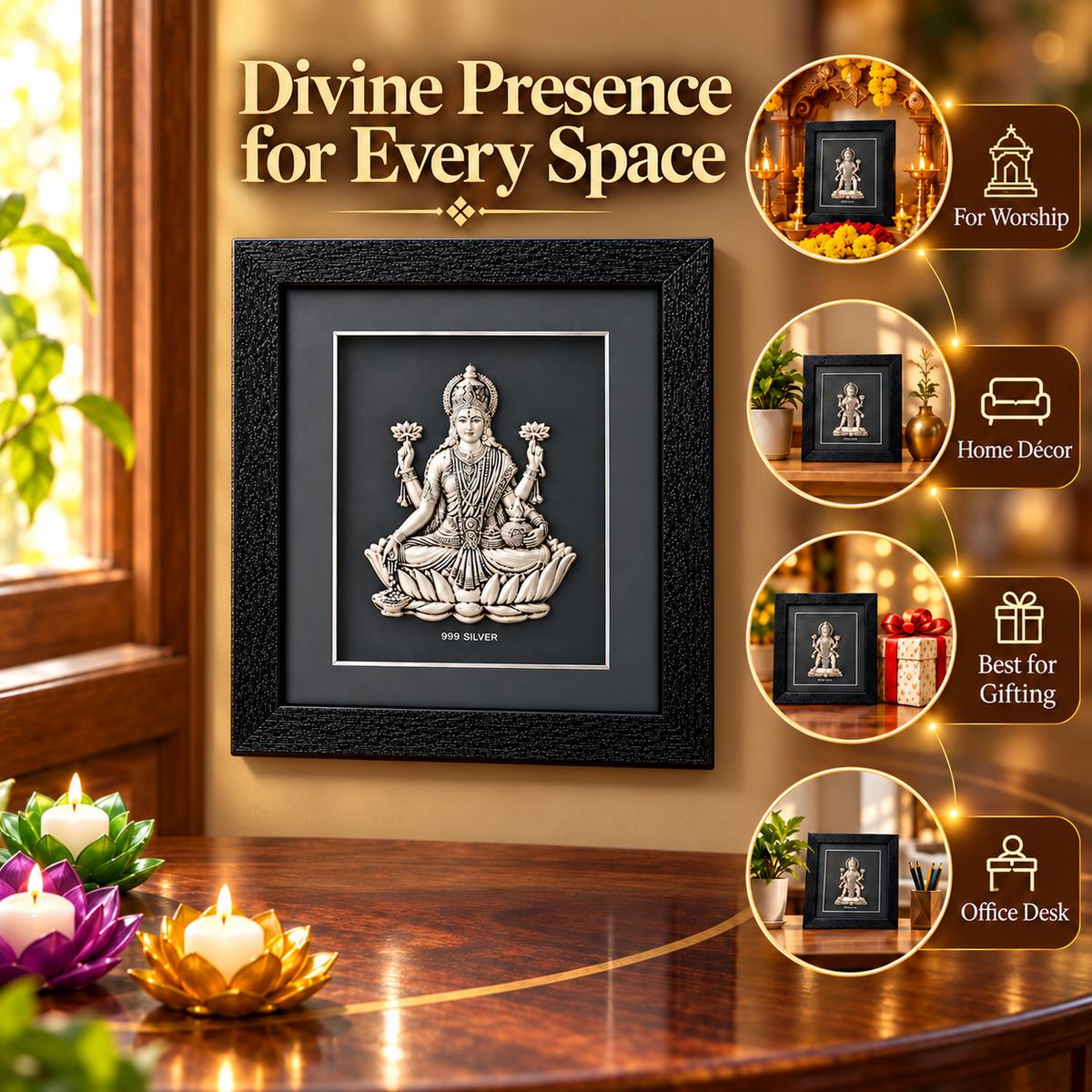 Akshat Sapphire 999 Silver Lakshmi Ji Wall Hanging Frame with Black Border | Maa Laxmi Religious Wall Decor for Home Mandir, Office & Diwali Gift-(FRB_LAXMI)